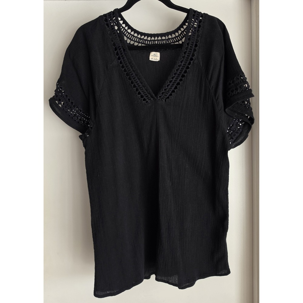 O'Neill Women's M Black Cotton V-Neck Short Sleeve Blouse Top Boho Crochet